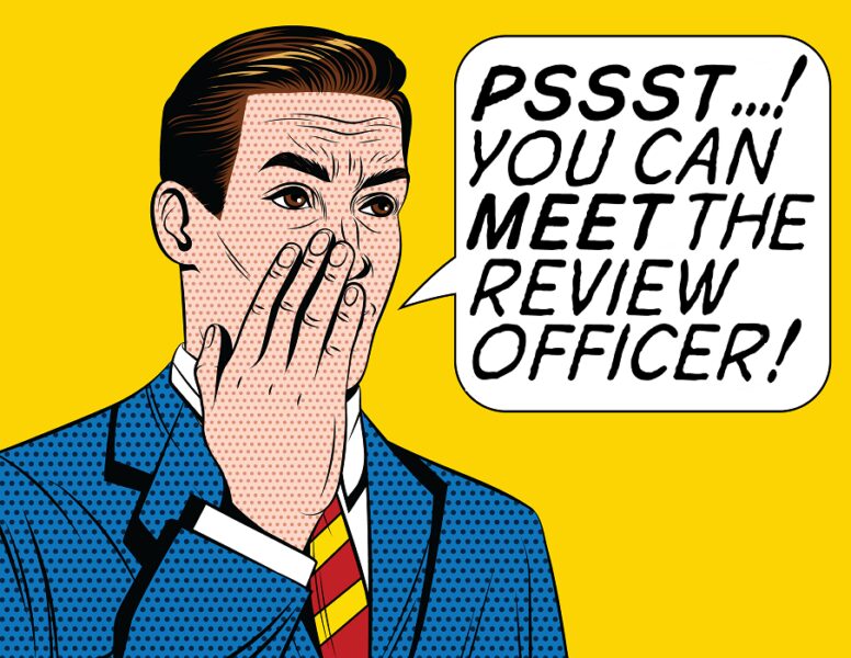 Roy Lichtenstein pop art style cartoon: "Pssst...! You can meet the review officer!"