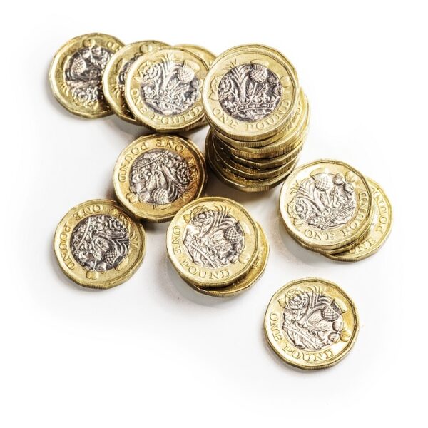 A picture of a pile of pound coins.
